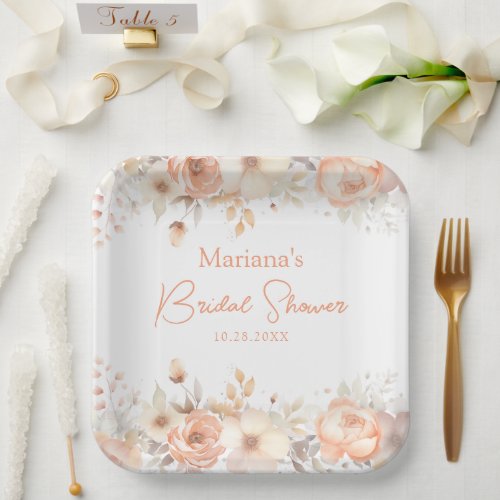 Peach Beige Floral Bridal Shower Paper Plates