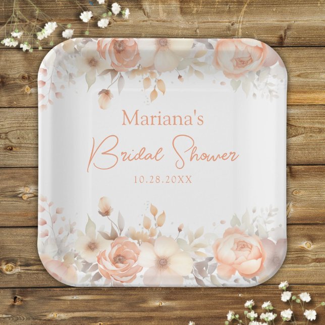 Peach Beige Floral Bridal Shower Paper Plates (Creator Uploaded)