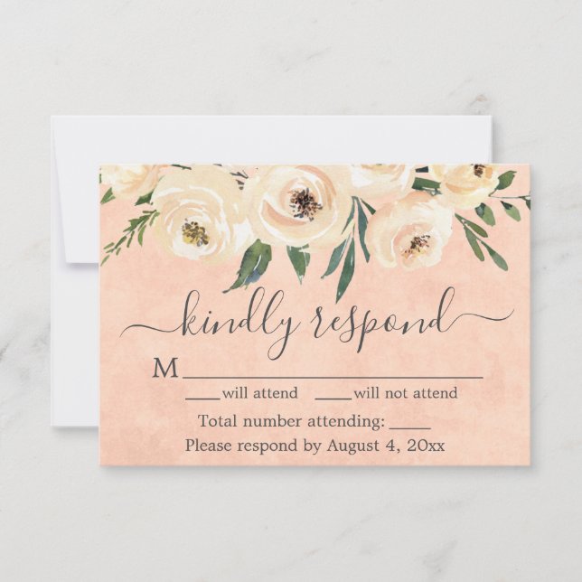 Peach Beige Floral Gold on Pink RSVP Card (Front)