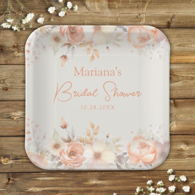Peach Beige Floral on Ivory Bridal Shower Paper Plates (Creator Uploaded)