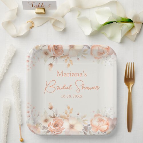 Peach Beige Floral on Ivory Bridal Shower Paper Plates