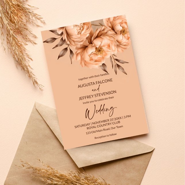 Peach beige flowers elegant all in one wedding invitation (Peach beige flowers elegant all in one wedding editable template invitation digital download)