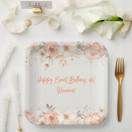 Peach Beige Flowers Floral Party Paper Plates