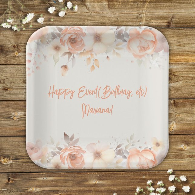 Peach Beige Flowers Floral Party Paper Plates (Creator Uploaded)