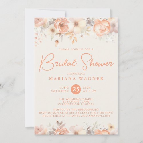 Peach Beige Flowers on Ivory Bridal Shower Invitation