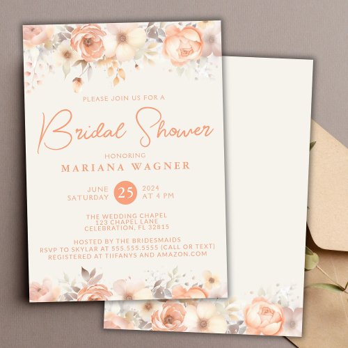 Peach Beige Flowers on Ivory Bridal Shower Invitation