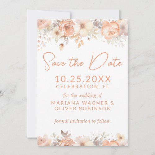 Peach Beige Flowers on White Save the Date Card