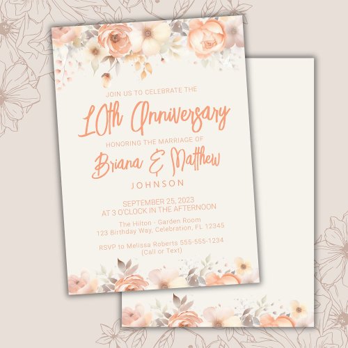 Peach Beige Ivory Floral 10th Wedding Anniversary  Invitation