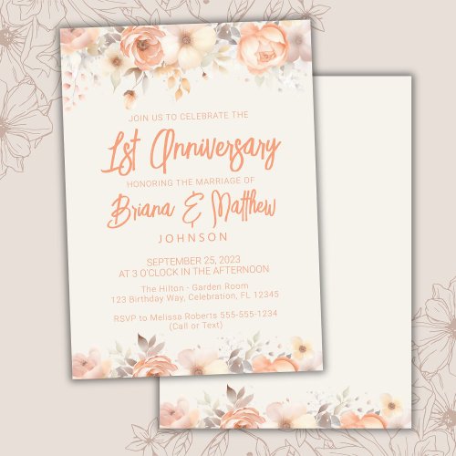 Peach Beige Ivory Floral 1st Wedding Anniversary  Invitation