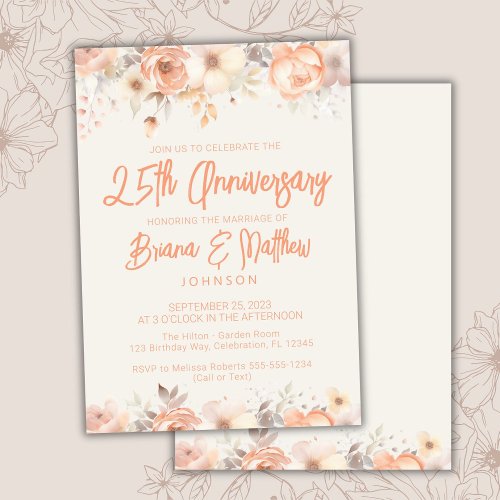 Peach Beige Ivory Floral 25th Wedding Anniversary  Invitation