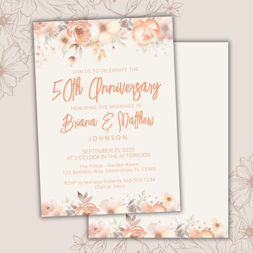 Peach Beige Ivory Floral 50th Wedding Anniversary  Invitation