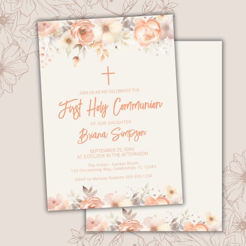 Peach Beige Ivory Floral First Holy Communion Invitation