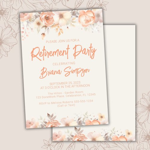 Peach Beige Ivory Flowers Floral Retirement Party Invitation