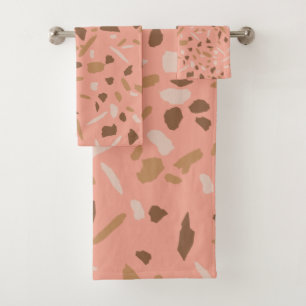 Peach Beige Tan Brown Terrazzo Marble Pattern Bath Towel Set