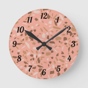 Peach Beige Tan Brown Terrazzo Marble Pattern Round Clock