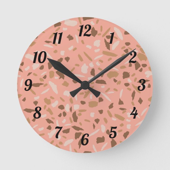 Peach Beige Tan Brown Terrazzo Marble Pattern  Round Clock (Front)