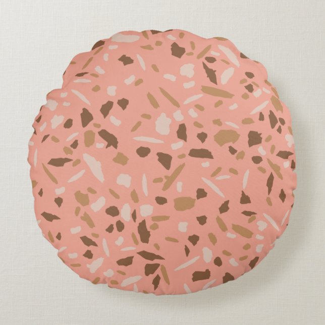 Peach Beige Tan Brown Terrazzo Marble Pattern  Round Pillow (Front)