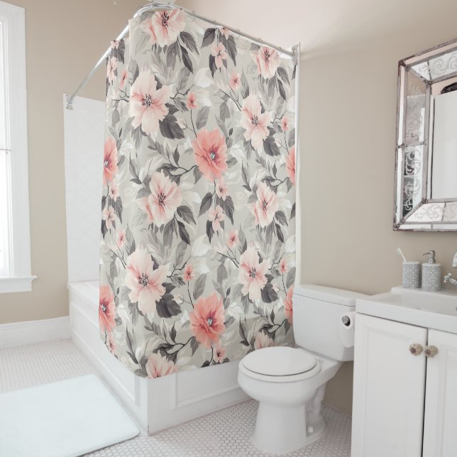 Peach & Beige Vintage Floral  Shower Curtain (In Situ)