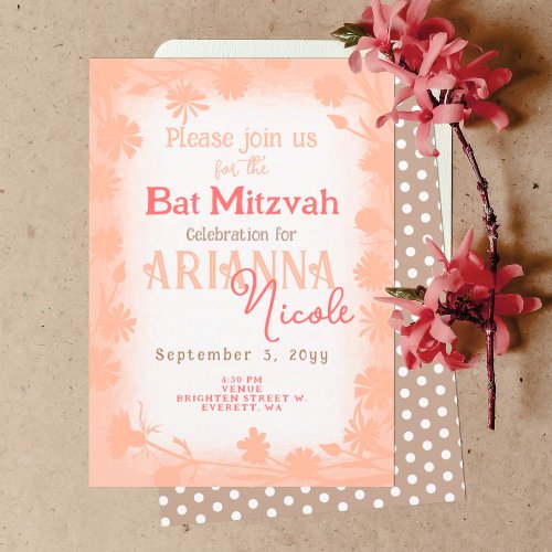 Peach Beige Wild Flowers Polka Dots Bat Mitzvah Invitation