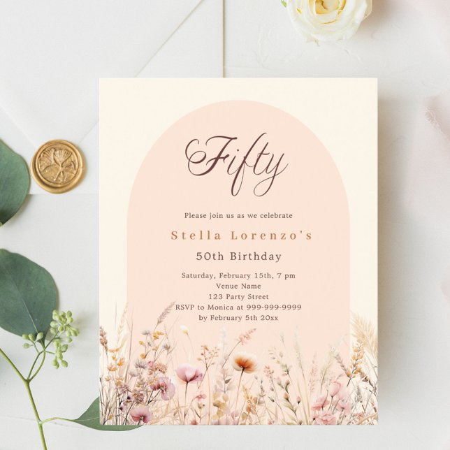 Peach beige wildflower 50th birthday invitation (Creator Uploaded)