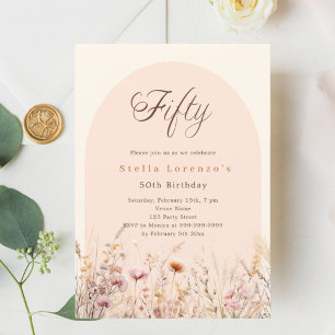 Peach beige wildflower floral luxury 50th birthday invitation
