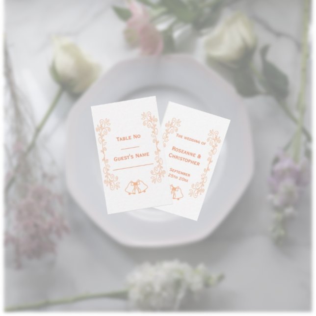 Peach Bells Scrollwork Design Wedding Place Card (Peach wedding place setting card bells and scrollwork design)