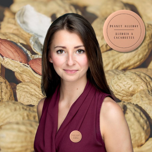 Peach Bilingual Peanut Allergy Alert Spanish Button (Bilingual Peanut allergy warning button, Spanish text, editable. multilingual project)