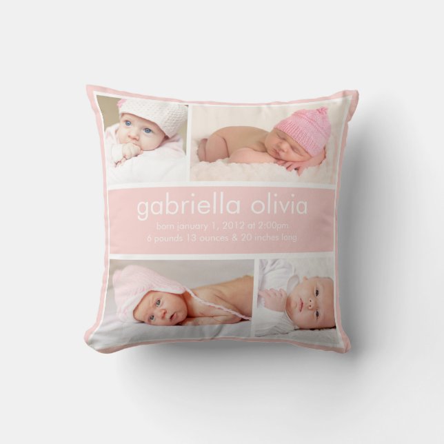 Peach Birth Announcement Throw Pillow (Front)