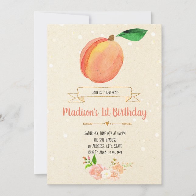 Peach birthday party invitation (Front)