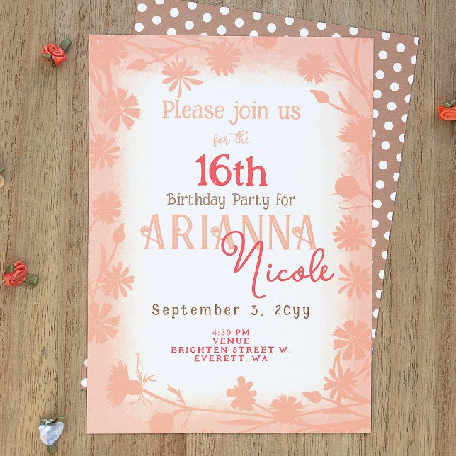 Peach Birthday Party Invitation (Peach fuzz, dusty peach, beige polka dots, wild flowers 16th, sixteenth birthday party invitation)