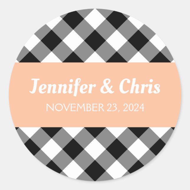 Peach Black and White Buffalo Plaid Wedding Classic Round Sticker (Front)