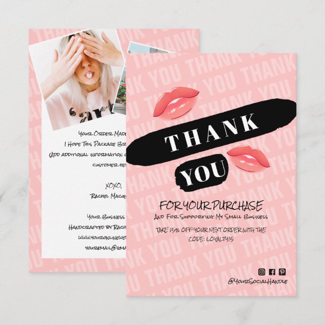 Peach Black Brushstroke Kiss Photo Order Thank You (Front/Back)