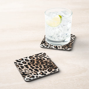 Peach Black Cream Leopard Wedding Beverage Coaster
