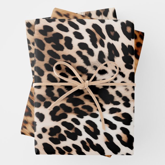 Peach Black Cream Leopard Wedding Wrapping Paper Sheets (In situ)