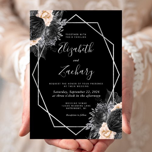 Peach Black Floral Silver Frame Wedding Invitation