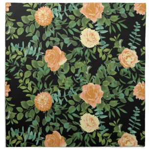 Peach & Black Peony & Rose Floral Wedding Cloth Napkin