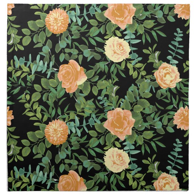 Peach & Black Peony & Rose Floral Wedding Cloth Napkin (Front)