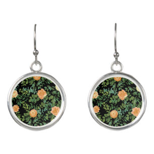 Peach & Black Peony & Rose Floral Wedding Earrings
