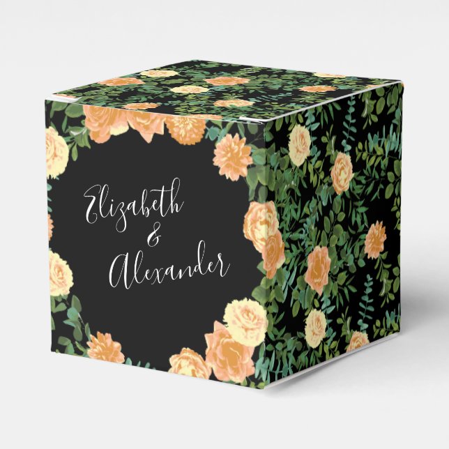 Peach & Black Peony & Rose Floral Wedding Favor Boxes (Front Side)