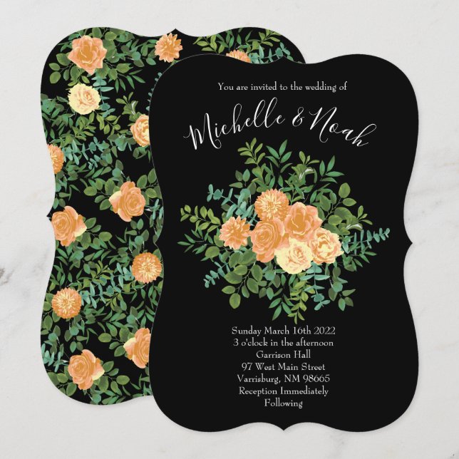 Peach & Black Peony & Rose Floral Wedding Invitation (Front/Back)