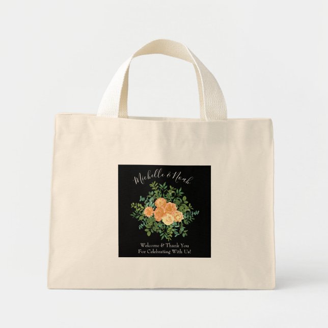 Peach Black Peony & Rose Floral Wedding Mini Tote Bag (Front)