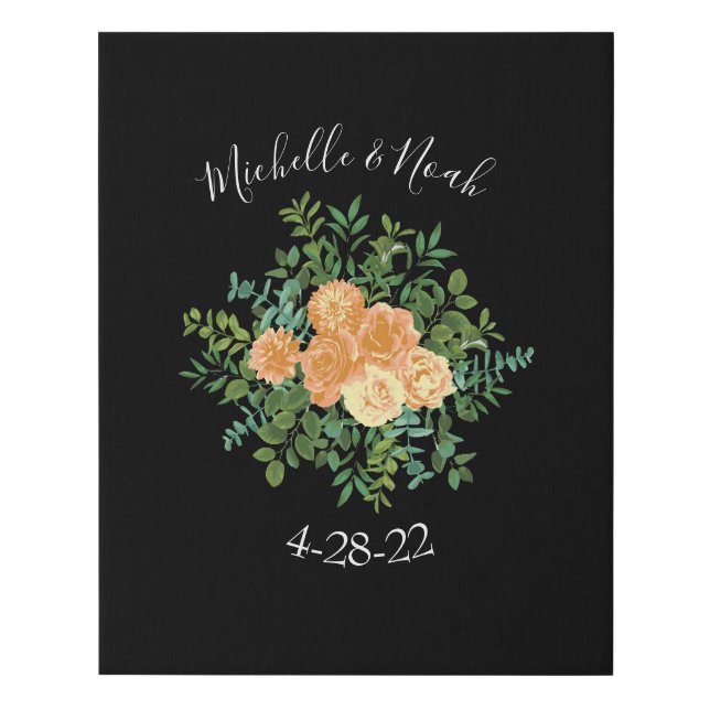 Peach & Black Peony Rose Wedding Signature Faux Canvas Print (Front)