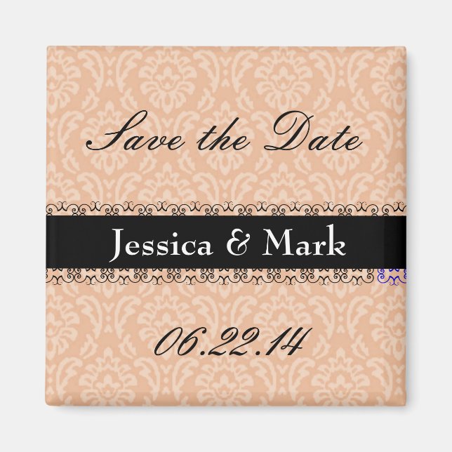 Peach & Black Save Date Damask Wedding Magnet (Front)