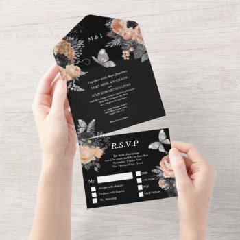 Peach Black Silver Fall Butterfly Rose Floral Chic All In One Invitation by mensgifts at Zazzle