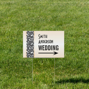 Peach & Black Swirly Ribbon Wedding Direction Yard Sign