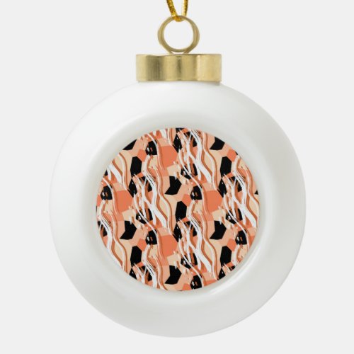 Peach Black White Abstract Pattern Ceramic Ball Christmas Ornament