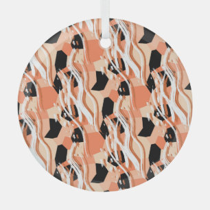 Peach Black White Abstract Pattern. Glass Ornament
