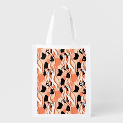 Peach Black White Abstract Pattern Grocery Bag