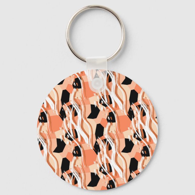 Peach Black White Abstract Pattern. Keychain (Front)