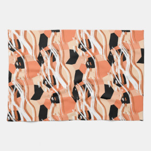Peach Black White Abstract Pattern. Kitchen Towel